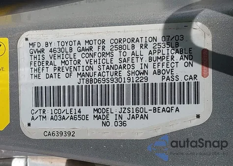 2003 Lexus Gs 300 from USA, damaged, VIN JT8BD69S930191229